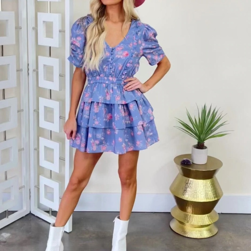Loveshackfancy Roth Floral Tiered Ruffle Cotton Dress In Faded Denim - Picture 3 of 17